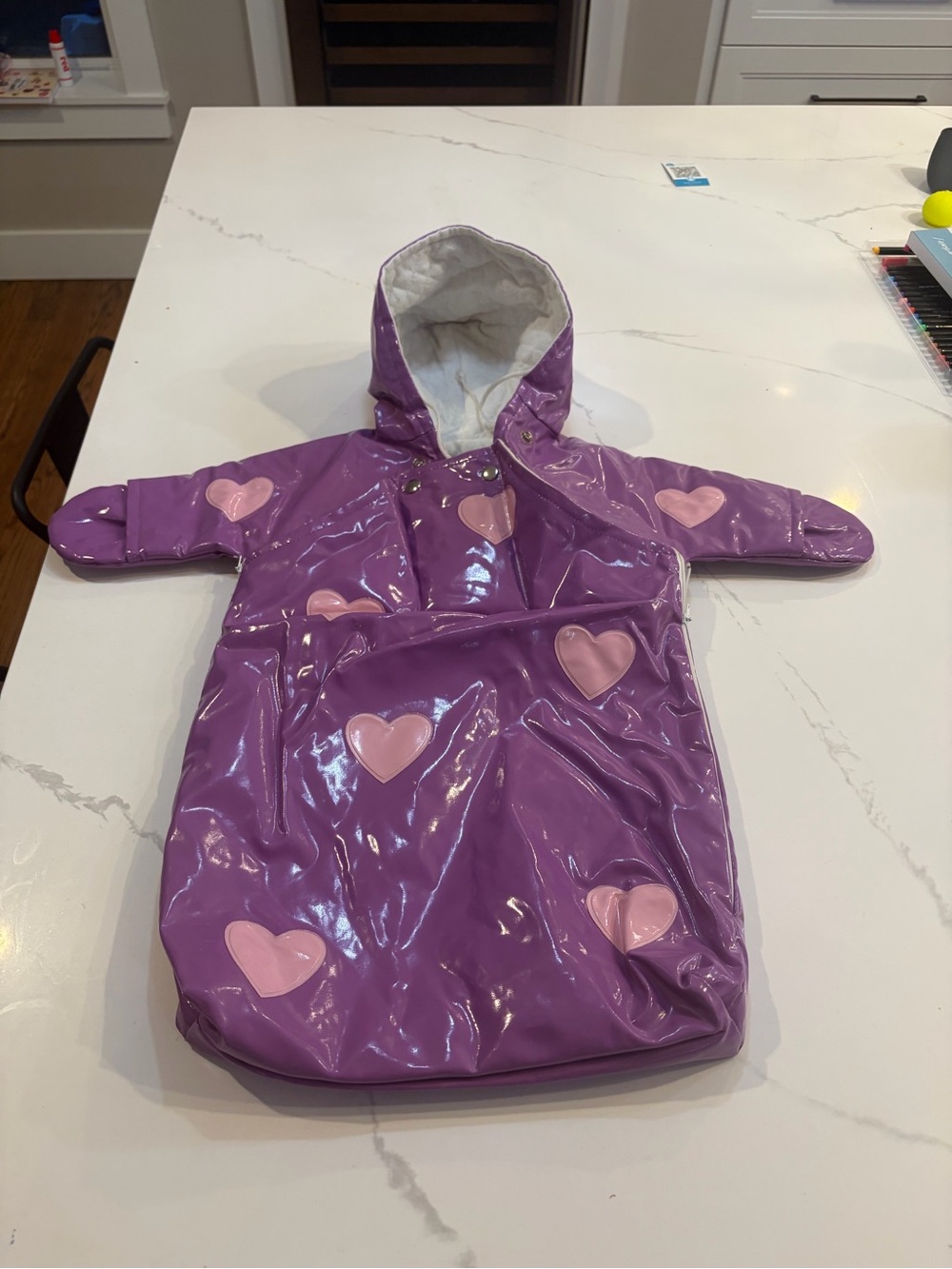 Vintage Glossy Purple Baby Snowsuit with Pink Heart Accents